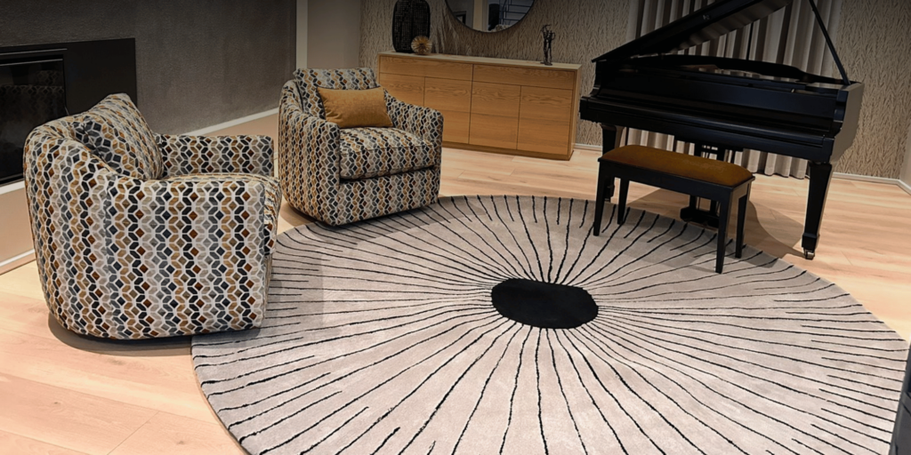 Round rug design in neutral earthy tones