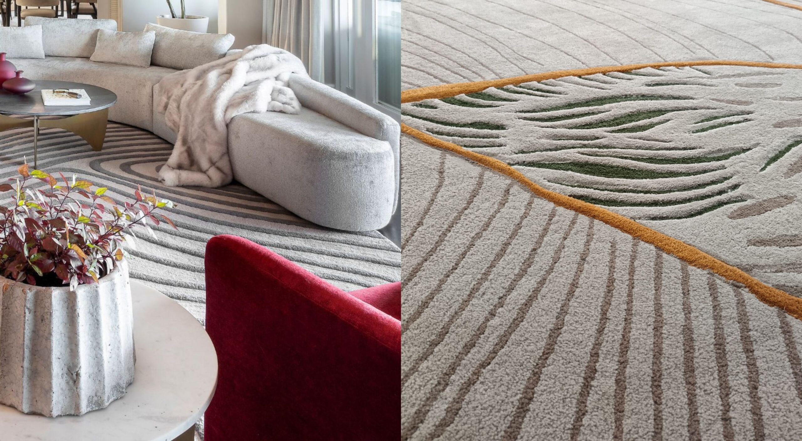 a rug handtufted in two colours in a multiple pile height to create an embossed effect