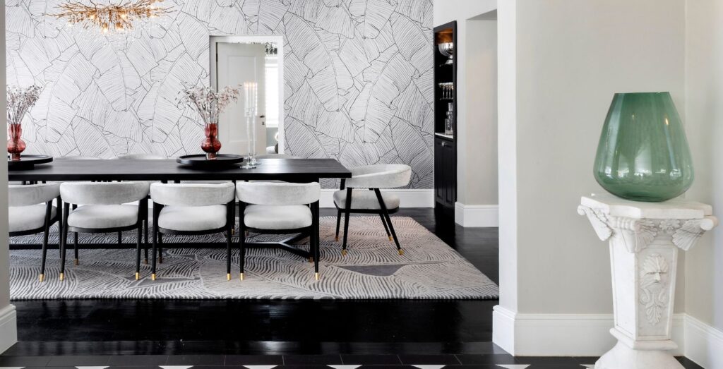 Rugalia About Photo Carousel (1) Multi-cut pile rug handtufted with a dark grey background and white design lines in a higher pile height