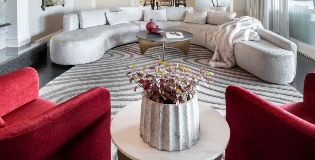 Rugalia About Photo Carousel (2) Multi-cut pile rug in a light grey background with darker grey design lines