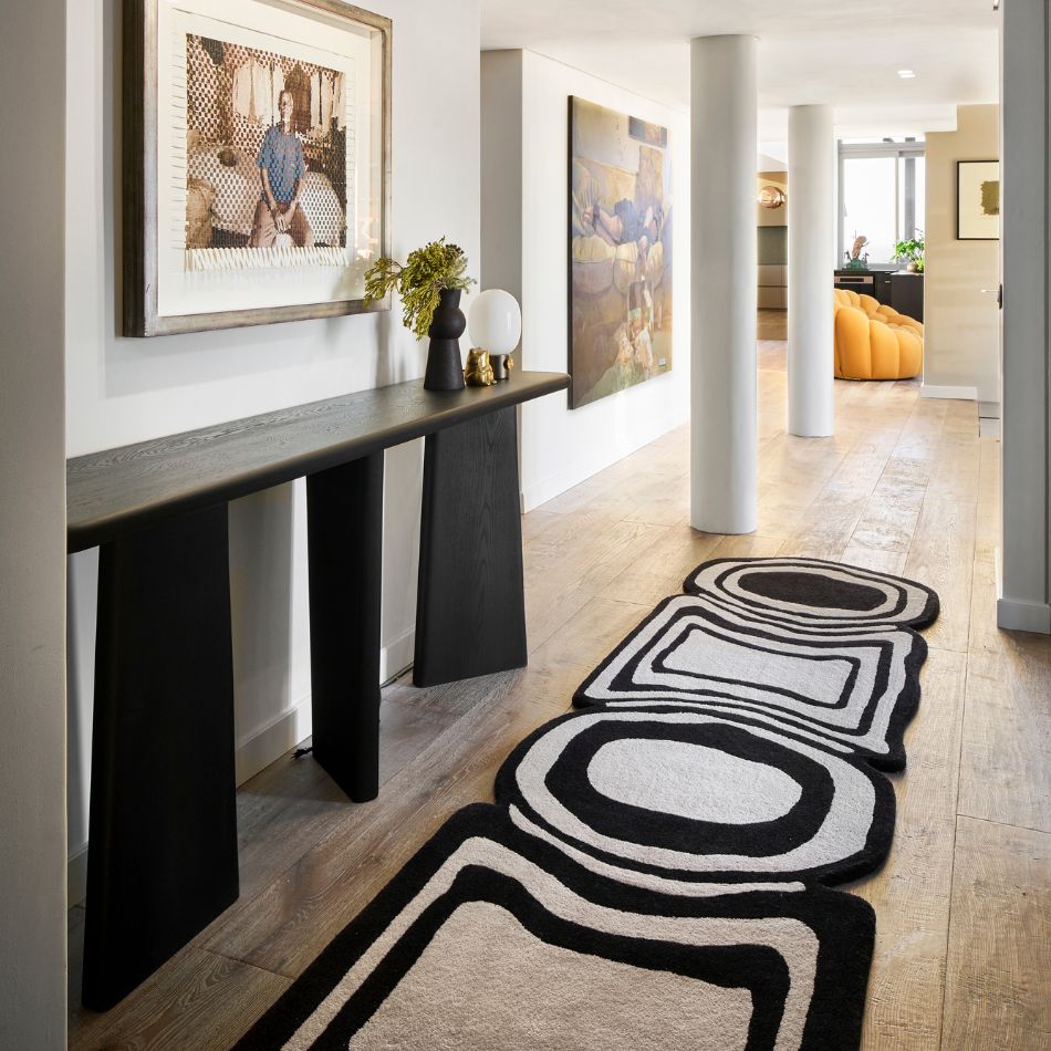 Rugalia Rugs Home Page cream and charcoal black runner rug placed in entrance way