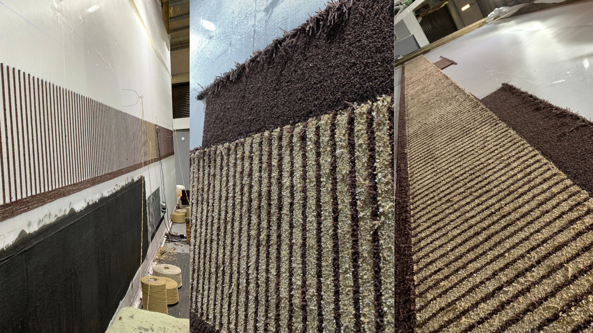 Handtufted rug in light browns with linear design lines running across it in darker browns. Premium wool yarn blend that consists of 80% wool and 20% nylon