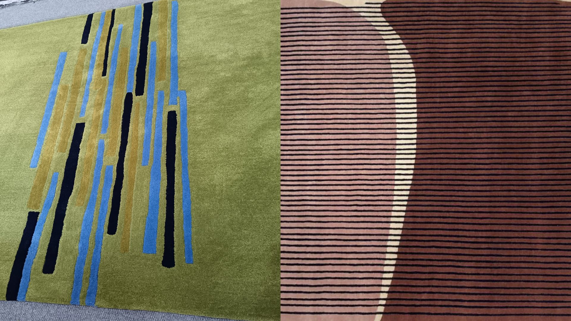 Bright green rug with blue lines and a dark pink rug next to it.
