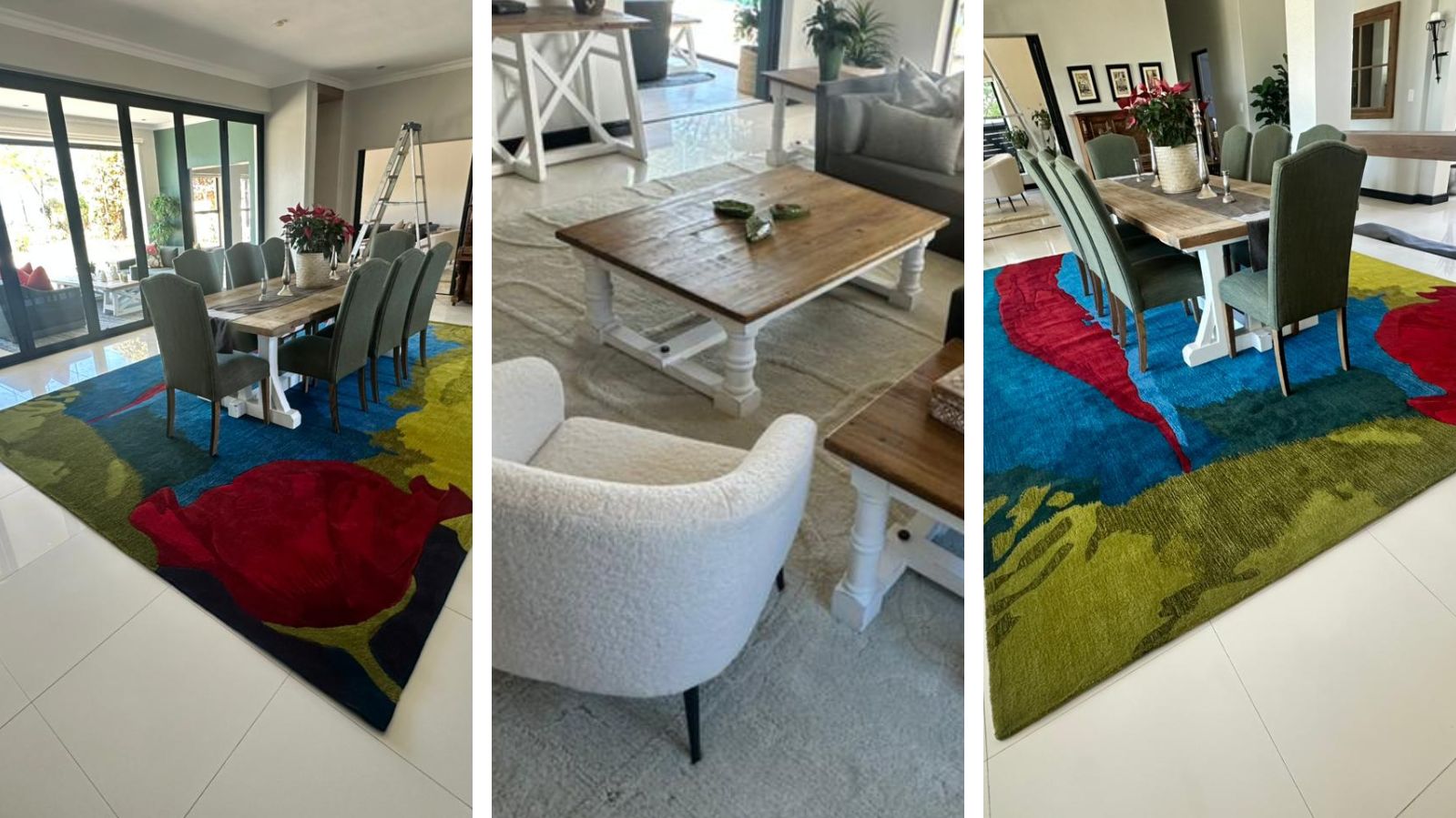 hand-tufted rugs placed in a dining room underneath a table