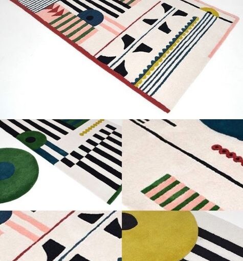 Abstract rug design in white, black, yellow, blue and soft pinks. Designed by Renee Rossouw, tufted by Rugalia