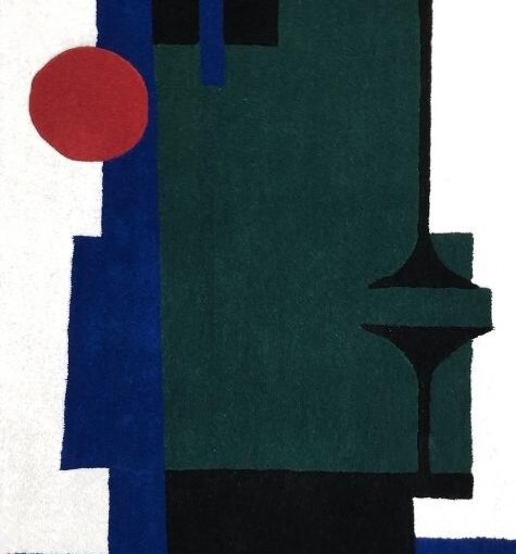 handtufted wool rug in forest green, blue, black and red