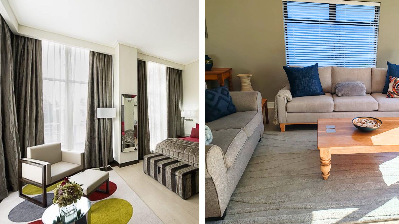 single cut pile rug and multi-cut pile rugs placed in livingroom areas